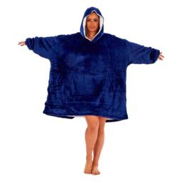 Keanu Plain Fleece Sherpa Lined Oversized Blanket Hoodie in Navy - thumbnail 5