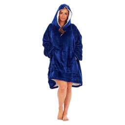 Keanu Plain Fleece Sherpa Lined Oversized Blanket Hoodie in Navy - thumbnail 1