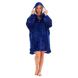 Keanu Plain Fleece Sherpa Lined Oversized Blanket Hoodie in Navy - thumbnail 2