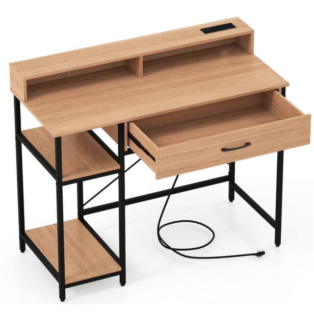 Costway Modern Computer Desk Office Writing Work Study Desk w/ Power Outlets in Natural - image 1