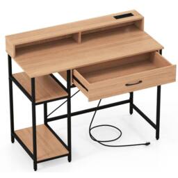 Costway Modern Computer Desk Office Writing Work Study Desk w/ Power Outlets in Natural