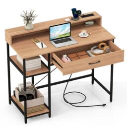 Costway Modern Computer Desk Office Writing Work Study Desk w/ Power Outlets in Natural - thumbnail 2