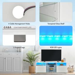 Costway 2Door TV Stand w/ LED Lights for TVs up to 65 inch Modern Entertainment Center in White - thumbnail 6