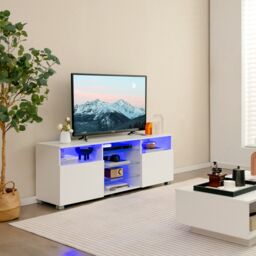 Costway 2Door TV Stand w/ LED Lights for TVs up to 65 inch Modern Entertainment Center in White - thumbnail 3