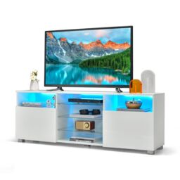 Costway 2Door TV Stand w/ LED Lights for TVs up to 65 inch Modern Entertainment Center in White