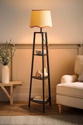 ValueLights Hiru Black 3 Tier Wooden Shelf Floor Lamp with Scallop Edge Shade in Burnt Orange - thumbnail 2