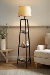 ValueLights Hiru Black 3 Tier Wooden Shelf Floor Lamp with Scallop Edge Shade in Burnt Orange