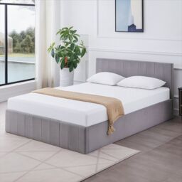 KOSY KOALA Ottoman Bed Gas Lift Storage Grey 4ft Small Double & 1 Mattress Line Pattern Velvet Bedroom