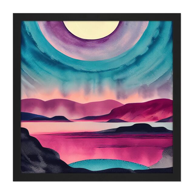 "Artery8 Wall Art Print Moonrise After Sunset Landscape In Pink Teal Blue & Purple Watercolour Square Framed Picture 16X16 Inch - Size: W16"" x H16""" - image 1