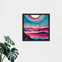 "Artery8 Wall Art Print Moonrise After Sunset Landscape In Pink Teal Blue & Purple Watercolour Square Framed Picture 16X16 Inch - Size: W16"" x H16""" - thumbnail 2