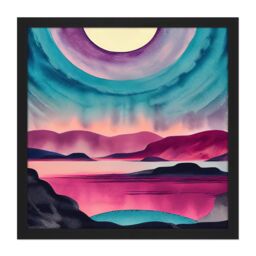 "Artery8 Wall Art Print Moonrise After Sunset Landscape In Pink Teal Blue & Purple Watercolour Square Framed Picture 16X16 Inch - Size: W16"" x H16""" - thumbnail 1