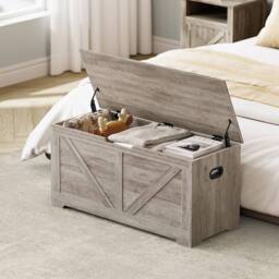 VASAGLE Large Farmhouse Storage Bench Blanket Box Safety Hinges Chest in Fawn - thumbnail 1