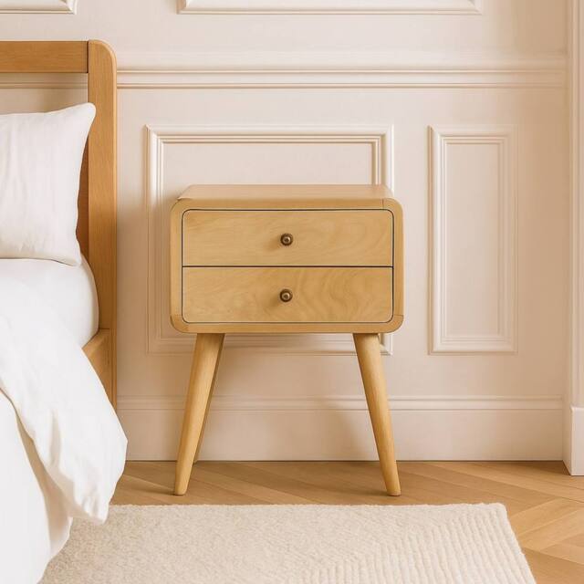 Direct Wicker Solid Wood Curved Oak-ish Bedside, 2 Drawers, Beige in Light Brown - Size: 1 Pack - image 1