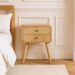 Direct Wicker Solid Wood Curved Oak-ish Bedside, 2 Drawers, Beige in Light Brown - Size: 1 Pack