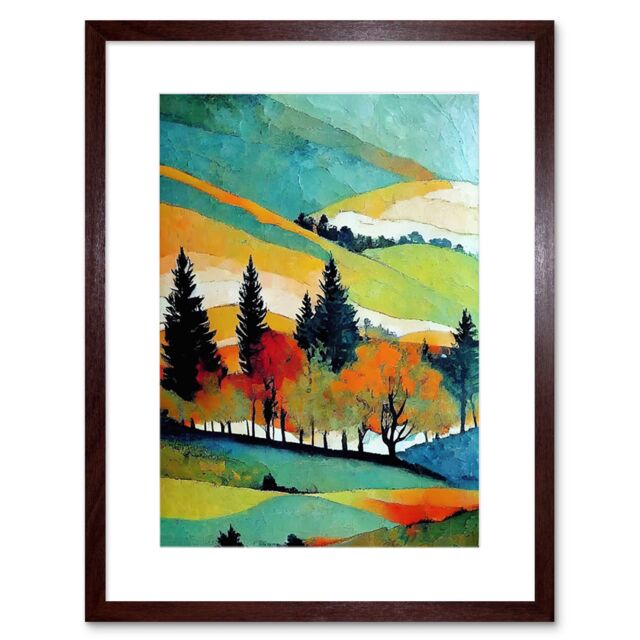 "Artery8 Wall Art Print Colourful Autumn Landscape Scotland Hillside Forest Oil Painting Artwork Framed 9X7 Inch in Brown - Size: W7"" x H9""" - image 1