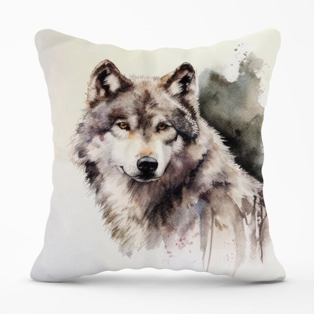 Warren Reed - Designer Loyal Wolf Watercolour Outdoor Cushion in Brown - Size: 60 cm x 60 cm - image 1