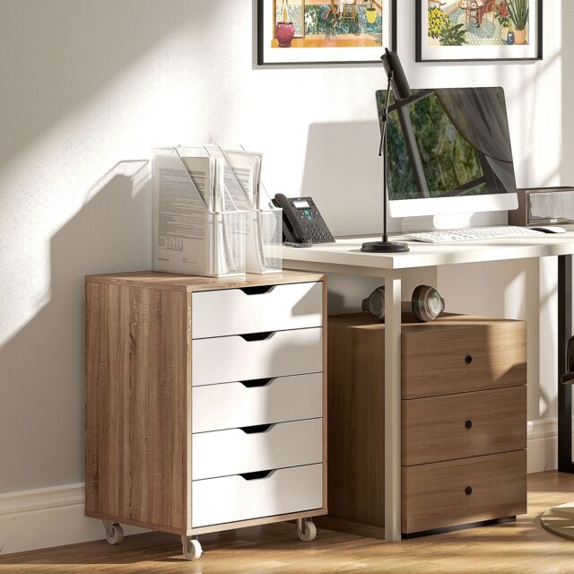 VINSETTO Mobile Filing Cabinet, 5-drawer File Cabinet with Wheels, Oak in White - image 1