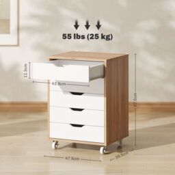 VINSETTO Mobile Filing Cabinet, 5-drawer File Cabinet with Wheels, Oak in White - thumbnail 3