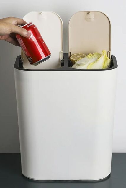 Living and Home 15L Rubbish Dustbin 2 Recycling Bin Trash Can Kitchen Dry Wet Separation Sorting with Push-type Lid in White - image 1