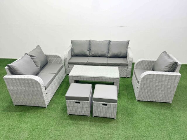 Fimous Patio PE Wicker 8 Seater Outdoor Rattan Furniture Sofa Sets w/ Oblong Coffee Table Reclining Chair Loveseat Sofa 3 Seater Sofa Stool Light Grey - image 1