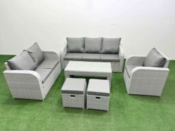 Fimous Patio PE Wicker 8 Seater Outdoor Rattan Furniture Sofa Sets w/ Oblong Coffee Table Reclining Chair Loveseat Sofa 3 Seater Sofa Stool Light Grey - thumbnail 2