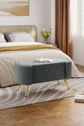 Living and Home Grey Polar Fleece Oval Accent Bench with Gold Metal Legs Bedroom Bed End Stool - thumbnail 2