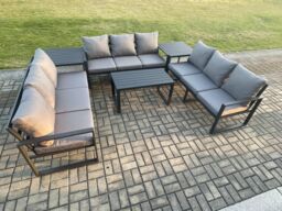 Fimous Aluminium 9 Seater Outdoor Garden Furniture Set Lounge Sofa Oblong Coffee Table Set with Cushions Dark Grey - thumbnail 2