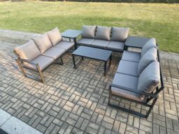 Fimous Aluminium 9 Seater Outdoor Garden Furniture Set Lounge Sofa Oblong Coffee Table Set with Cushions Dark Grey - thumbnail 1