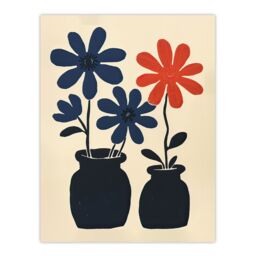 "Artery8 Simple Blue Red Daisy Flowers in Pots Folk Art Wall Art Print in Beige - Size: W12"" x H16""" - thumbnail 1