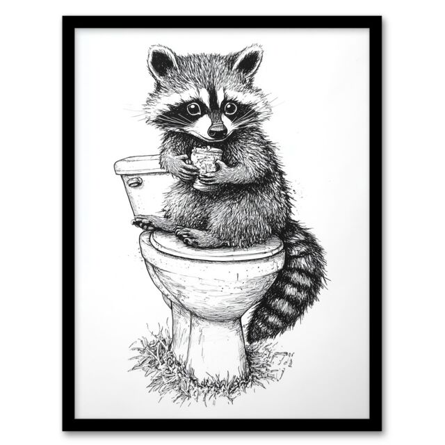 Artery8 Cute Raccoon On Toilet Funny Black White Drawing Framed Art Print - Size: A4 - image 1