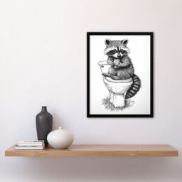 Artery8 Cute Raccoon On Toilet Funny Black White Drawing Framed Art Print - Size: A4 - thumbnail 4
