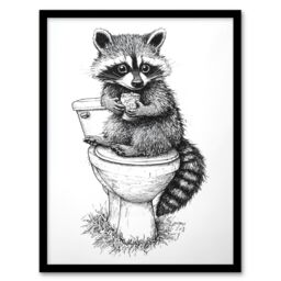 Artery8 Cute Raccoon On Toilet Funny Black White Drawing Framed Art Print - Size: A4 - thumbnail 1