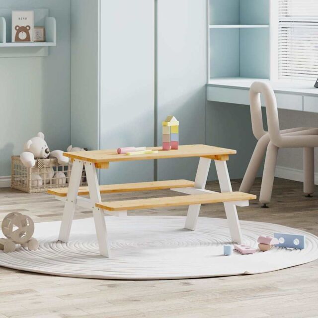 Berkfield Home Children's Table with Benches IRUN White 90x79.5x50cm Solid Wood - Size: 90x79.5x50 cm - image 1