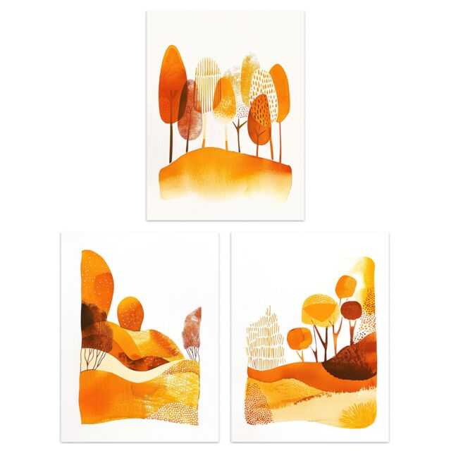 "Artery8 Set of 3 Abstract Autumn Trees Forest Landscapes 12X16"" Art Prints in Orange - Size: W12"" x H16""" - image 1