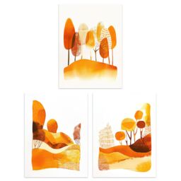 "Artery8 Set of 3 Abstract Autumn Trees Forest Landscapes 12X16"" Art Prints in Orange - Size: W12"" x H16""" - thumbnail 1
