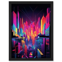 Artery8 Neon Light Colour Abstract Metropolis Cityscape at Night Modern Artwork Artwork Framed Wall Art Print A4 in Black - thumbnail 1