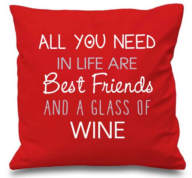 "60 SECOND MAKEOVER Cushion Cover All You Need In Life Are Best Friends & A Glass Of Wine 16"" x 16"" in Red - Size: 40 cm x 40 cm"