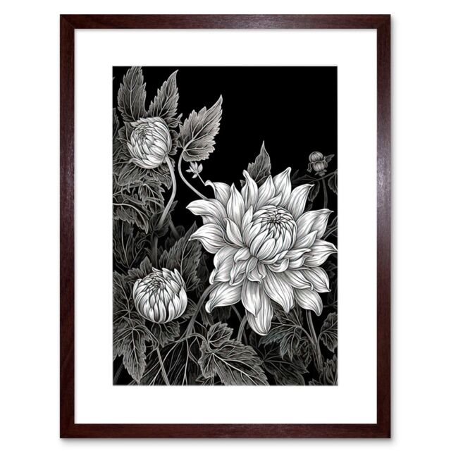 "Artery8 Wall Art Print Detailed Black & White Dahlia Flower Blooms Artwork Framed 9X7 Inch in Brown - Size: W7"" x H9""" - image 1