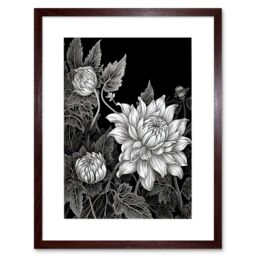 "Artery8 Wall Art Print Detailed Black & White Dahlia Flower Blooms Artwork Framed 9X7 Inch in Brown - Size: W7"" x H9""" - thumbnail 1
