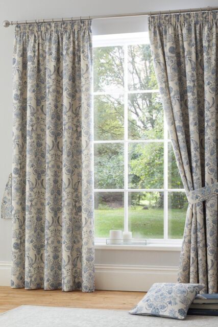 Dreams & Drapes 'Averie' Pair of Pencil Pleat Curtains With Tie-Backs in Blue - Size: 168 cm width x 137 cm drop - image 1