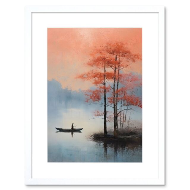 "Artery8 Wall Art Print Canoe Boat on Misty Lake Oil Painting Landscape Blue Pink Blossom Tree Early Morning Artwork Framed 9X7 Inch - Size: W7"" x H9""" - image 1