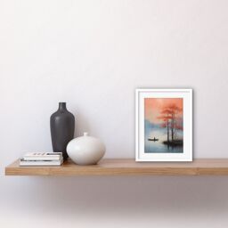 "Artery8 Wall Art Print Canoe Boat on Misty Lake Oil Painting Landscape Blue Pink Blossom Tree Early Morning Artwork Framed 9X7 Inch - Size: W7"" x H9""" - thumbnail 2