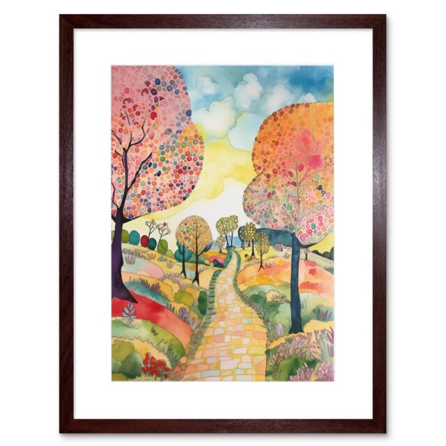 Artery8 Wall Art Print Countryside Path With Blooming Flowers & Trees Folk Art Landscape Watercolour Painting Artwork Framed 9X7 Inch - image 1