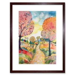 Artery8 Wall Art Print Countryside Path With Blooming Flowers & Trees Folk Art Landscape Watercolour Painting Artwork Framed 9X7 Inch - thumbnail 1
