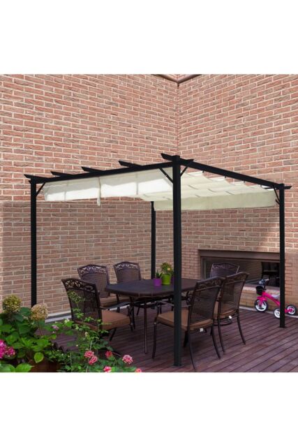 Living and Home 10x10ft Outdoor Retractable Steel Pergola with Removable Sun Shade Canopy in Beige