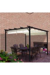 Living and Home 10x10ft Outdoor Retractable Steel Pergola with Removable Sun Shade Canopy in Beige - thumbnail 1