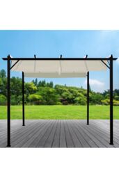 Living and Home 10x10ft Outdoor Retractable Steel Pergola with Removable Sun Shade Canopy in Beige - thumbnail 3