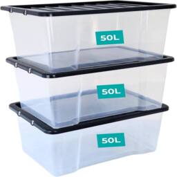 Havendro 50 Litre Set of 4 Heavy Duty Clear Plastic Storage Boxes with Lids - thumbnail 1