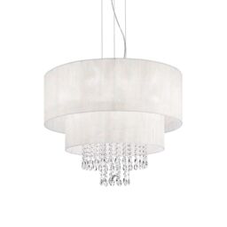 Netlighting Opera 6 Light Ceiling Pendant Chrome Crystals with & White Shade E27 in Clear