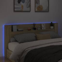 Berkfield Home Headboard Cabinet with LED Sonoma Oak 220x16.5x103.5 cm in Light Tan - thumbnail 4